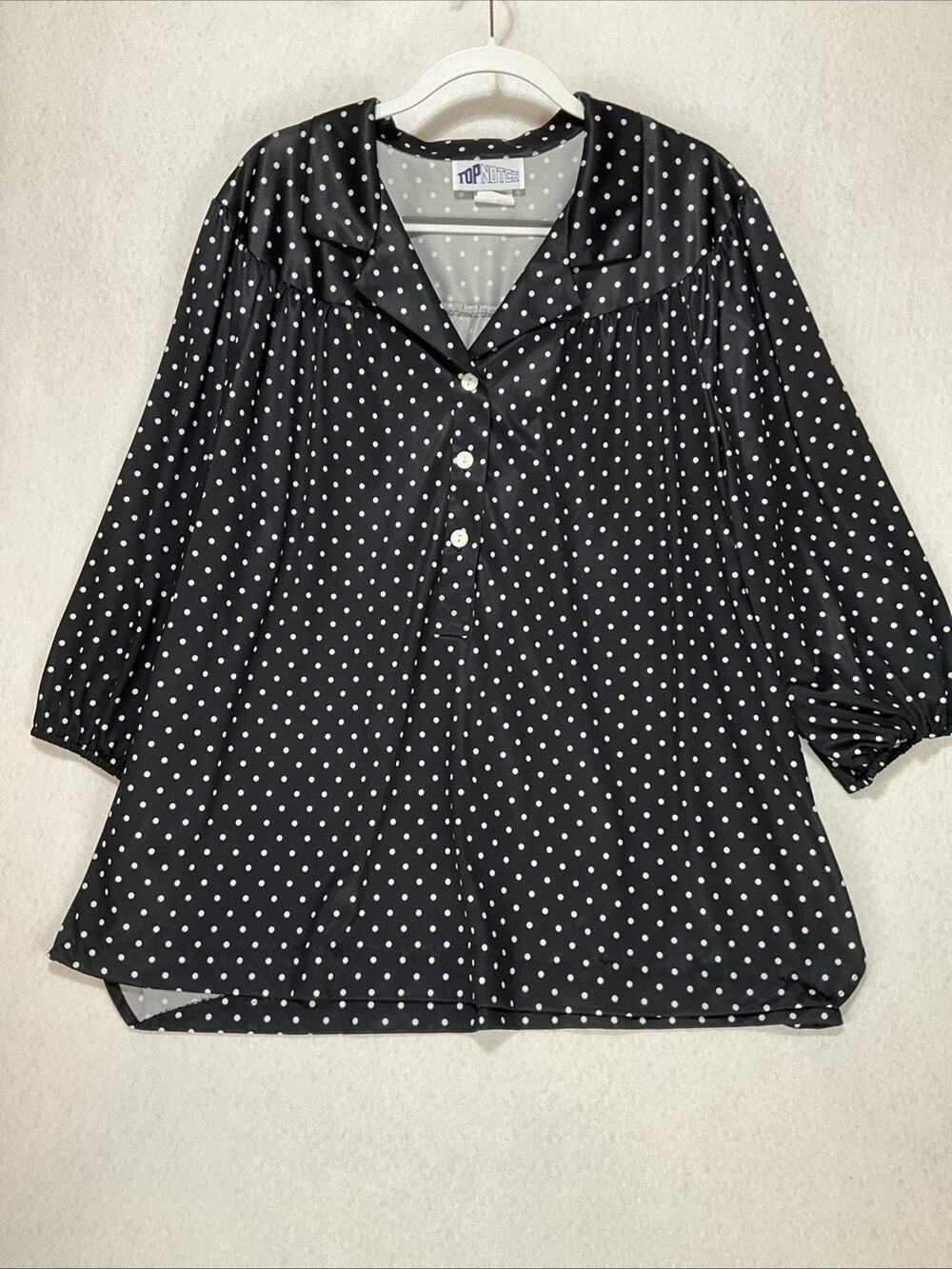 Vintage Womens Black White Polka Dot 3/4 Sleeve CollarTop Sz 26W Academia